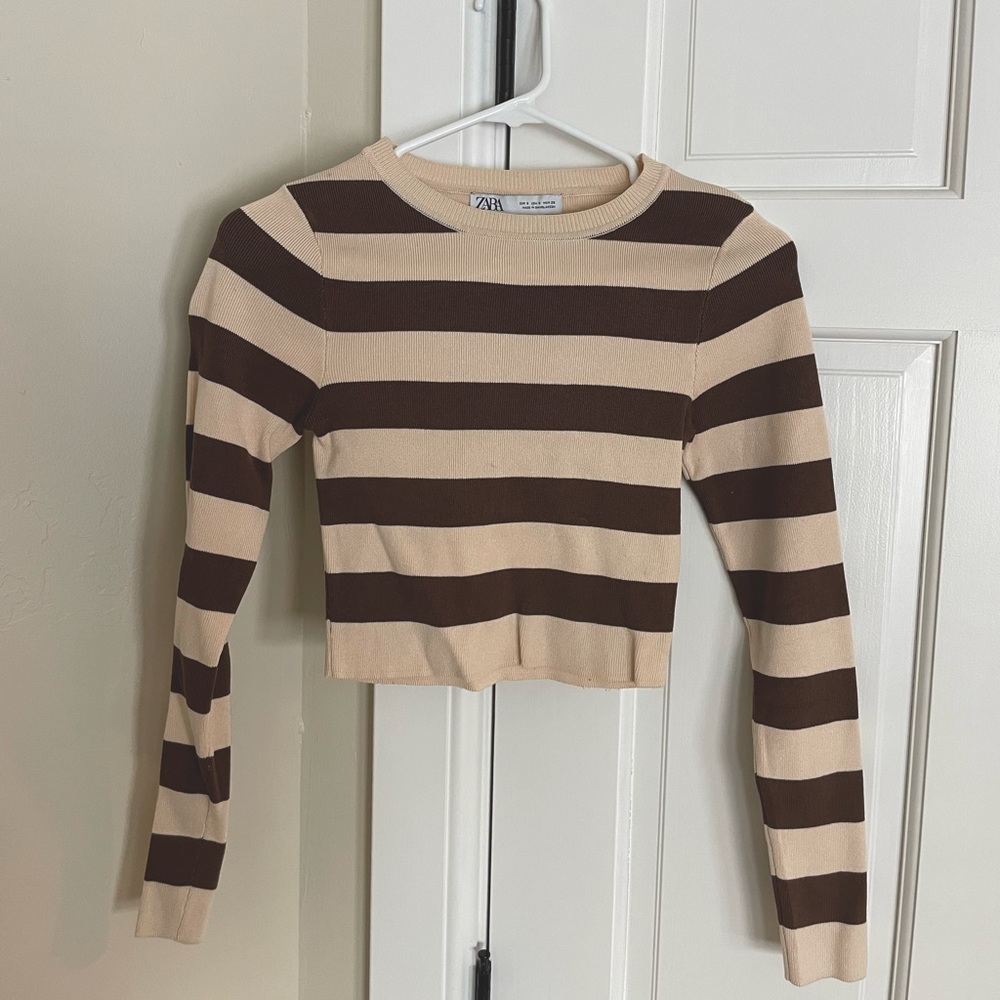 Zara Cropped Knit Long Sleeve Striped Tee